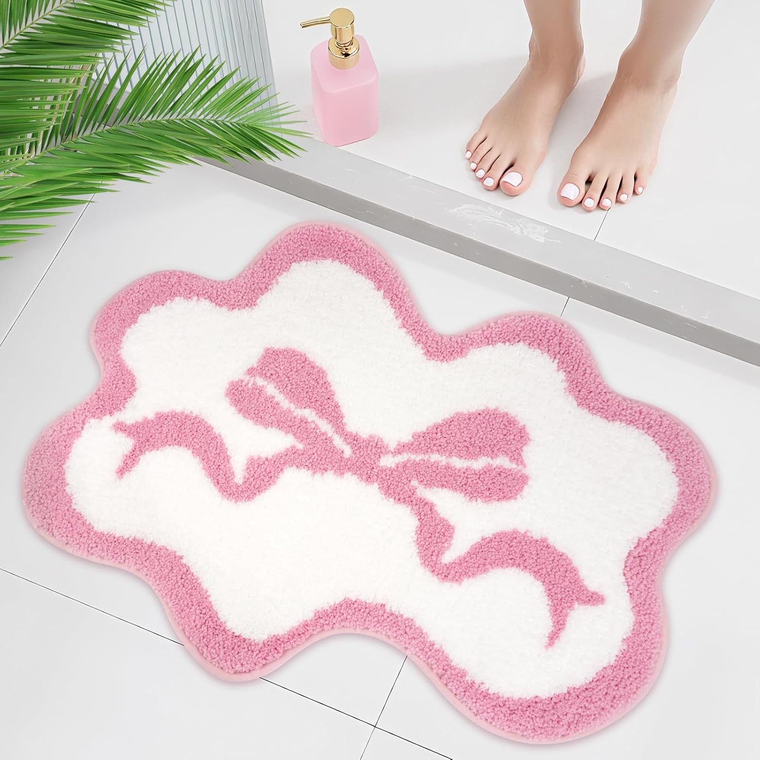 Pink Rug - Cute Bow Bath Rug, Machine Washable Bathroom Mat, Decorative Pink Carpet for Girls Bedroom, Bathroom & Kids Room (2'3×1'6)